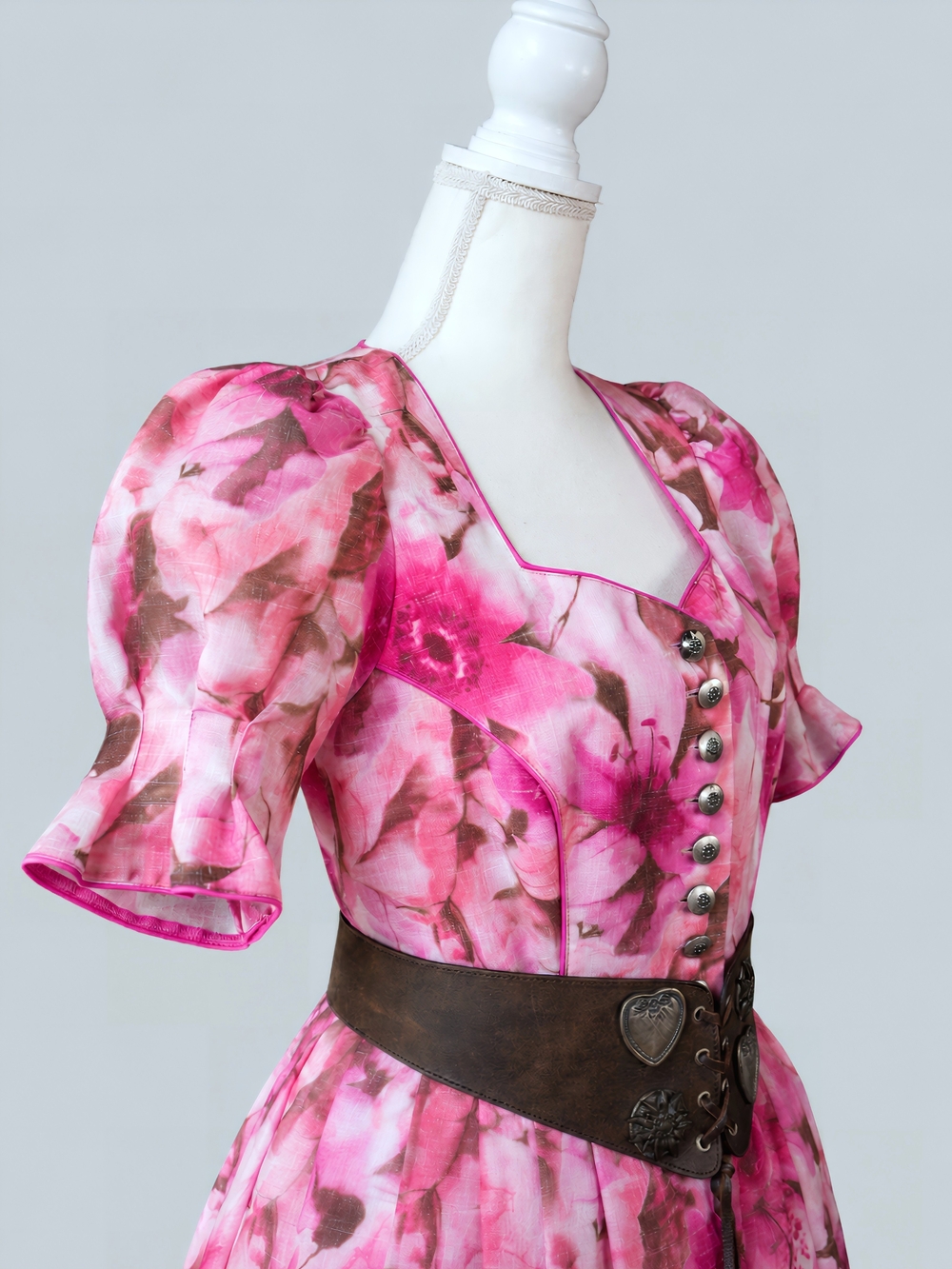 Vintage Pink Floral Midi Dress with Puff Sleeves and Belt, Cottagecore, Dirndl - Picture 2 of 11